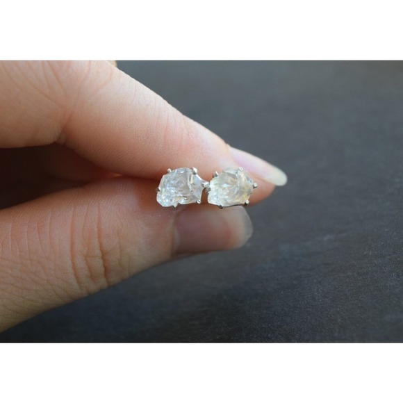 Sterling silver stud earrings, alternative diamond, uncut natural gemsto… - Picture 1 of 5